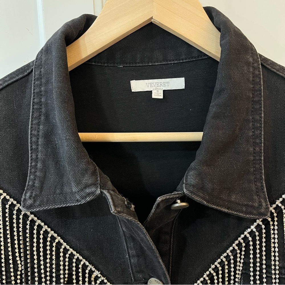 Cowgirl Rhinestone Fringe Black Denim Jacket, VEVERET sz 18. Trucker Glam Biker - Picture 11 of 11
